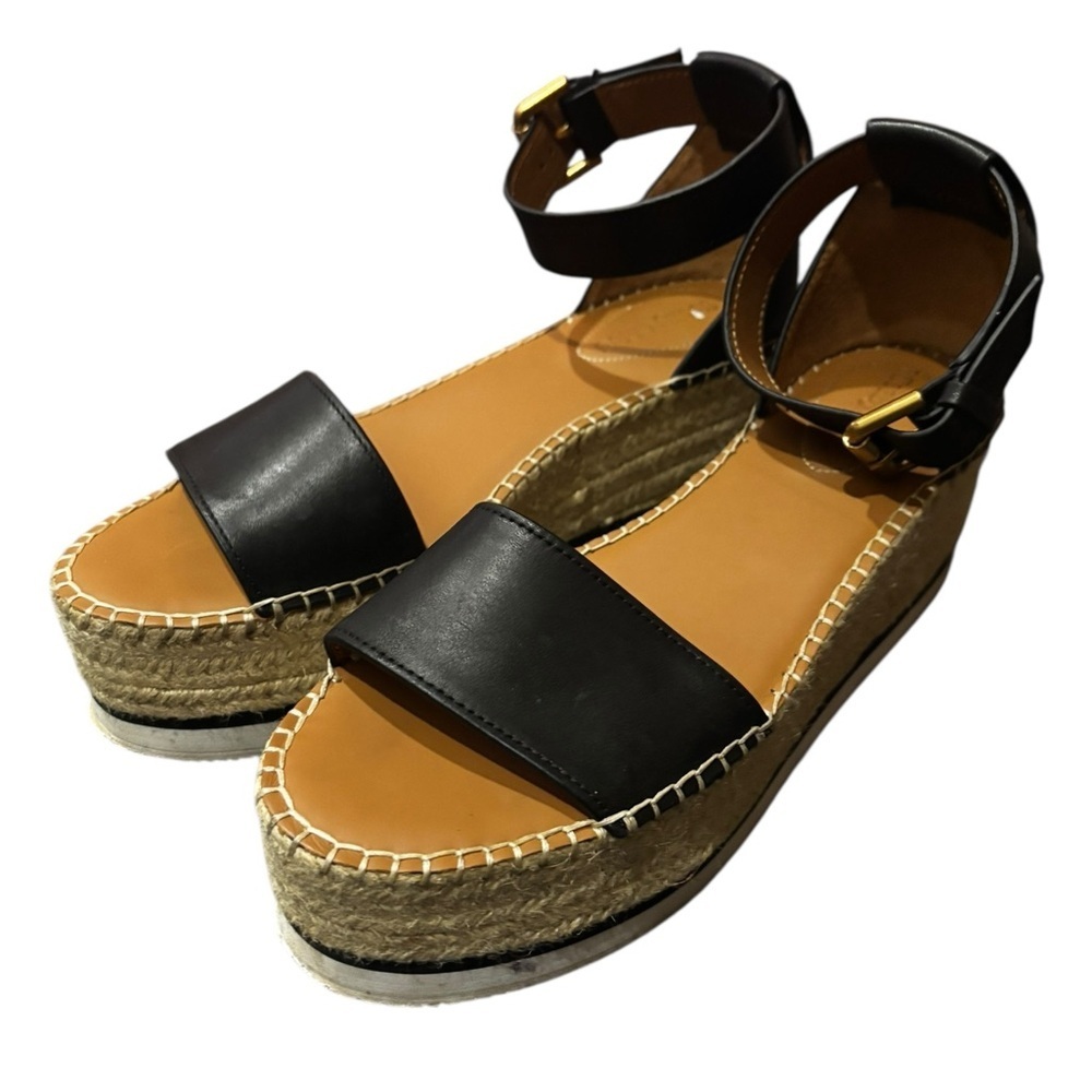See by Chloe Glyn Espadrilles Wedge Black Leather Ankle Strap Sandals Sz 40 - Picture 7 of 13